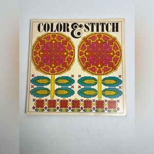 Color & Stitch Needlepoint Patterns Book Mushroom Owl Fish Elephant Sun 1971 VTG